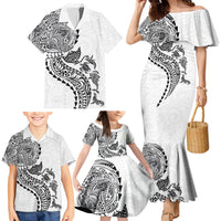 Hawaiian Kakau Tribal Sea Animals Tattoos Family Matching Mermaid Dress and Hawaiian Shirt White Color