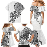 Hawaiian Kakau Tribal Sea Animals Tattoos Family Matching Mermaid Dress and Hawaiian Shirt White Color