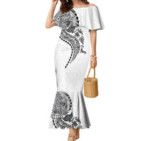 Hawaiian Kakau Tribal Sea Animals Tattoos Family Matching Mermaid Dress and Hawaiian Shirt White Color