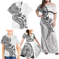 Hawaiian Kakau Tribal Sea Animals Tattoos Family Matching Off Shoulder Maxi Dress and Hawaiian Shirt White Color