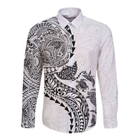 Hawaiian Kakau Tribal Sea Animals Tattoos Long Sleeve Button Shirt White Color LT03 Unisex White - Polynesian Pride