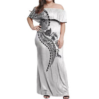 Hawaiian Kakau Tribal Sea Animals Tattoos Off Shoulder Maxi Dress White Color LT03 Women White - Polynesian Pride