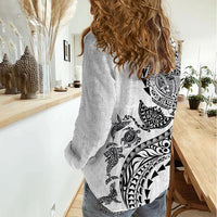Hawaiian Kakau Tribal Sea Animals Tattoos Women Casual Shirt White Color