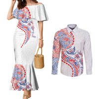 Hawaiian Kakau Tribal Sea Animals Tattoos Couples Matching Mermaid Dress and Long Sleeve Button Shirt Hawaii Flag Color Inspired
