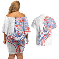 Hawaiian Kakau Tribal Sea Animals Tattoos Couples Matching Off Shoulder Short Dress and Hawaiian Shirt Hawaii Flag Color Inspired