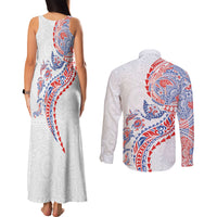 Hawaiian Kakau Tribal Sea Animals Tattoos Couples Matching Tank Maxi Dress and Long Sleeve Button Shirt Hawaii Flag Color Inspired