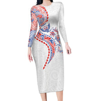 Hawaiian Kakau Tribal Sea Animals Tattoos Long Sleeve Bodycon Dress Hawaii Flag Color Inspired