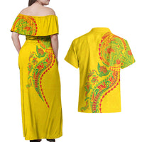 Hawaiian Kakau Tribal Sea Animals Tattoos Couples Matching Off Shoulder Maxi Dress and Hawaiian Shirt Kanaka Maoli Flag Color Inspired