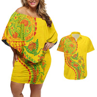Hawaiian Kakau Tribal Sea Animals Tattoos Couples Matching Off Shoulder Short Dress and Hawaiian Shirt Kanaka Maoli Flag Color Inspired