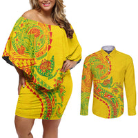 Hawaiian Kakau Tribal Sea Animals Tattoos Couples Matching Off Shoulder Short Dress and Long Sleeve Button Shirt Kanaka Maoli Flag Color Inspired