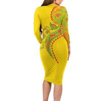 Hawaiian Kakau Tribal Sea Animals Tattoos Family Matching Long Sleeve Bodycon Dress and Hawaiian Shirt Kanaka Maoli Flag Color Inspired