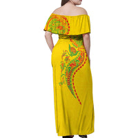 Hawaiian Kakau Tribal Sea Animals Tattoos Family Matching Off Shoulder Maxi Dress and Hawaiian Shirt Kanaka Maoli Flag Color Inspired