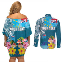 Personalised Tuvalu Independence Day Couples Matching Off Shoulder Short Dress and Long Sleeve Button Shirt Tuvaluan Tribal Flag Style