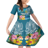 Personalised Tuvalu Independence Day Family Matching Off The Shoulder Long Sleeve Dress and Hawaiian Shirt Tuvaluan Tribal Flag Style LT03 Daughter's Dress Turquoise - Polynesian Pride