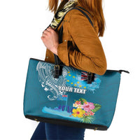 Personalised Tuvalu Independence Day Leather Tote Bag Tuvaluan Tribal Flag Style LT03 Turquoise - Polynesian Pride