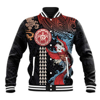 Hawaii and Japanese Together Baseball Jacket Koi Fish and Kakau Pattern