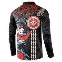 Hawaii and Japanese Together Button Sweatshirt Koi Fish and Kakau Pattern