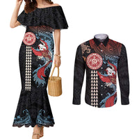 Hawaii and Japanese Together Couples Matching Mermaid Dress and Long Sleeve Button Shirt Koi Fish and Kakau Pattern
