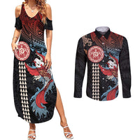 Hawaii and Japanese Together Couples Matching Summer Maxi Dress and Long Sleeve Button Shirt Koi Fish and Kakau Pattern