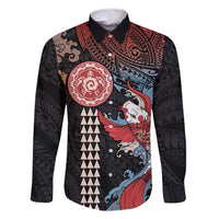 Hawaii and Japanese Together Family Matching Long Sleeve Bodycon Dress and Hawaiian Shirt Koi Fish and Kakau Pattern