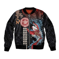 Hawaii and Japanese Together Sleeve Zip Bomber Jacket Koi Fish and Kakau Pattern