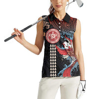 Hawaii and Japanese Together Women Sleeveless Polo Shirt Koi Fish and Kakau Pattern