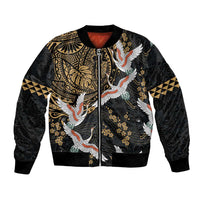 Hawaii and Japanese Together Bomber Jacket Cranes Birds with Kakau Pattern