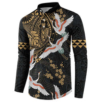 Hawaii and Japanese Together Button Sweatshirt Cranes Birds with Kakau Pattern