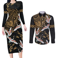 Hawaii and Japanese Together Couples Matching Long Sleeve Bodycon Dress and Long Sleeve Button Shirt Cranes Birds with Kakau Pattern