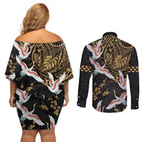 Hawaii and Japanese Together Couples Matching Off Shoulder Short Dress and Long Sleeve Button Shirt Cranes Birds with Kakau Pattern
