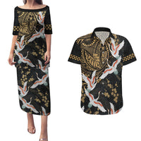 Hawaii and Japanese Together Couples Matching Puletasi and Hawaiian Shirt Cranes Birds with Kakau Pattern