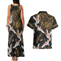Hawaii and Japanese Together Couples Matching Tank Maxi Dress and Hawaiian Shirt Cranes Birds with Kakau Pattern