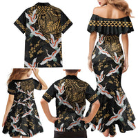 Hawaii and Japanese Together Family Matching Mermaid Dress and Hawaiian Shirt Cranes Birds with Kakau Pattern