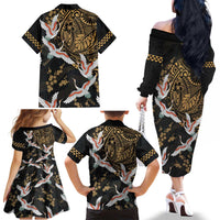 Hawaii and Japanese Together Family Matching Off The Shoulder Long Sleeve Dress and Hawaiian Shirt Cranes Birds with Kakau Pattern