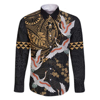 Hawaii and Japanese Together Family Matching Off The Shoulder Long Sleeve Dress and Hawaiian Shirt Cranes Birds with Kakau Pattern