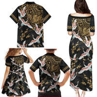 Hawaii and Japanese Together Family Matching Puletasi and Hawaiian Shirt Cranes Birds with Kakau Pattern