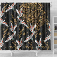 Hawaii and Japanese Together Shower Curtain Cranes Birds with Kakau Pattern