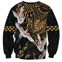 Hawaii and Japanese Together Sweatshirt Cranes Birds with Kakau Pattern