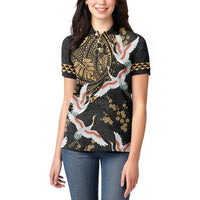 Hawaii and Japanese Together Women Polo Shirt Cranes Birds with Kakau Pattern