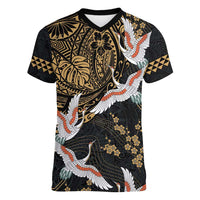 Hawaii and Japanese Together Women V-Neck T-Shirt Cranes Birds with Kakau Pattern