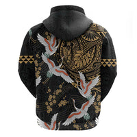 Hawaii and Japanese Together Zip Hoodie Cranes Birds with Kakau Pattern