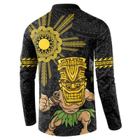Hawaii and Philippines Together Button Sweatshirt Warrior Tiki Mask and Filipino Sun Polynesian Style