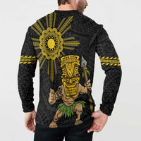 Hawaii and Philippines Together Button Sweatshirt Warrior Tiki Mask and Filipino Sun Polynesian Style