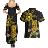 Hawaii and Philippines Together Couples Matching Summer Maxi Dress and Hawaiian Shirt Warrior Tiki Mask and Filipino Sun Polynesian Style