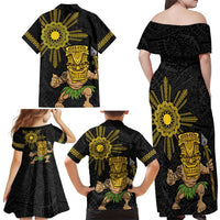 Hawaii and Philippines Together Family Matching Off Shoulder Maxi Dress and Hawaiian Shirt Warrior Tiki Mask and Filipino Sun Polynesian Style