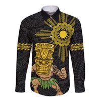 Hawaii and Philippines Together Long Sleeve Button Shirt Warrior Tiki Mask and Filipino Sun Polynesian Style