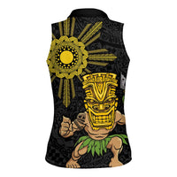 Hawaii and Philippines Together Women Sleeveless Polo Shirt Warrior Tiki Mask and Filipino Sun Polynesian Style