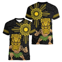 Hawaii and Philippines Together Women V-Neck T-Shirt Warrior Tiki Mask and Filipino Sun Polynesian Style