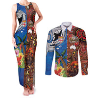 Fiji and Australia Together Couples Matching Tank Maxi Dress and Long Sleeve Button Shirt Fijian Tapa Plants with Kangaroo and Aboriginal - Polynesian Pride
