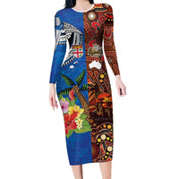 Fiji and Australia Together Family Matching Long Sleeve Bodycon Dress and Hawaiian Shirt Fijian Tapa Plants with Kangaroo and Aboriginal - Polynesian Pride